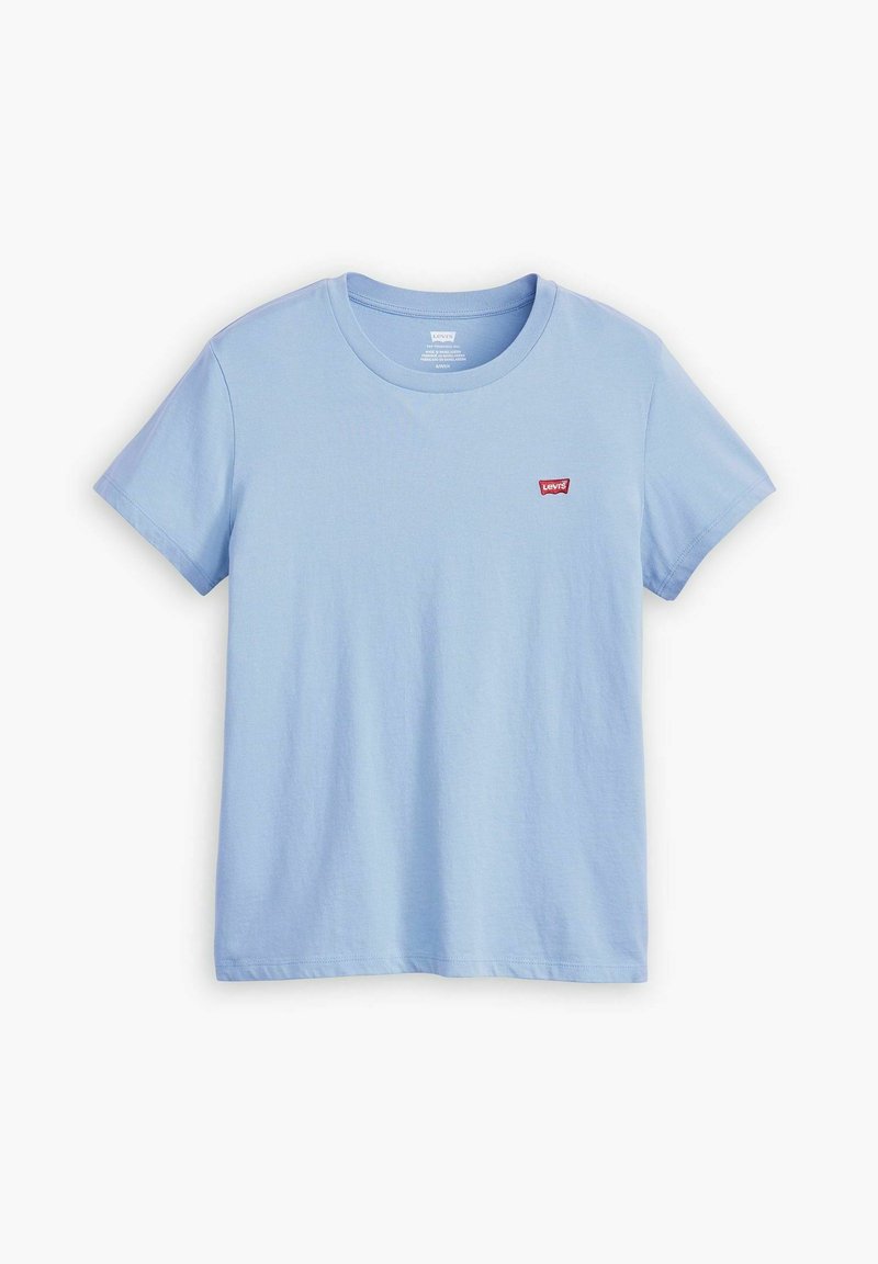Helles blaues Baumwoll-T-Shirt mit Rundhalsausschnitt und kurzen Ärmeln. Kleines rotes Levi's-Logo auf der linken Brust. Glatte Textur.