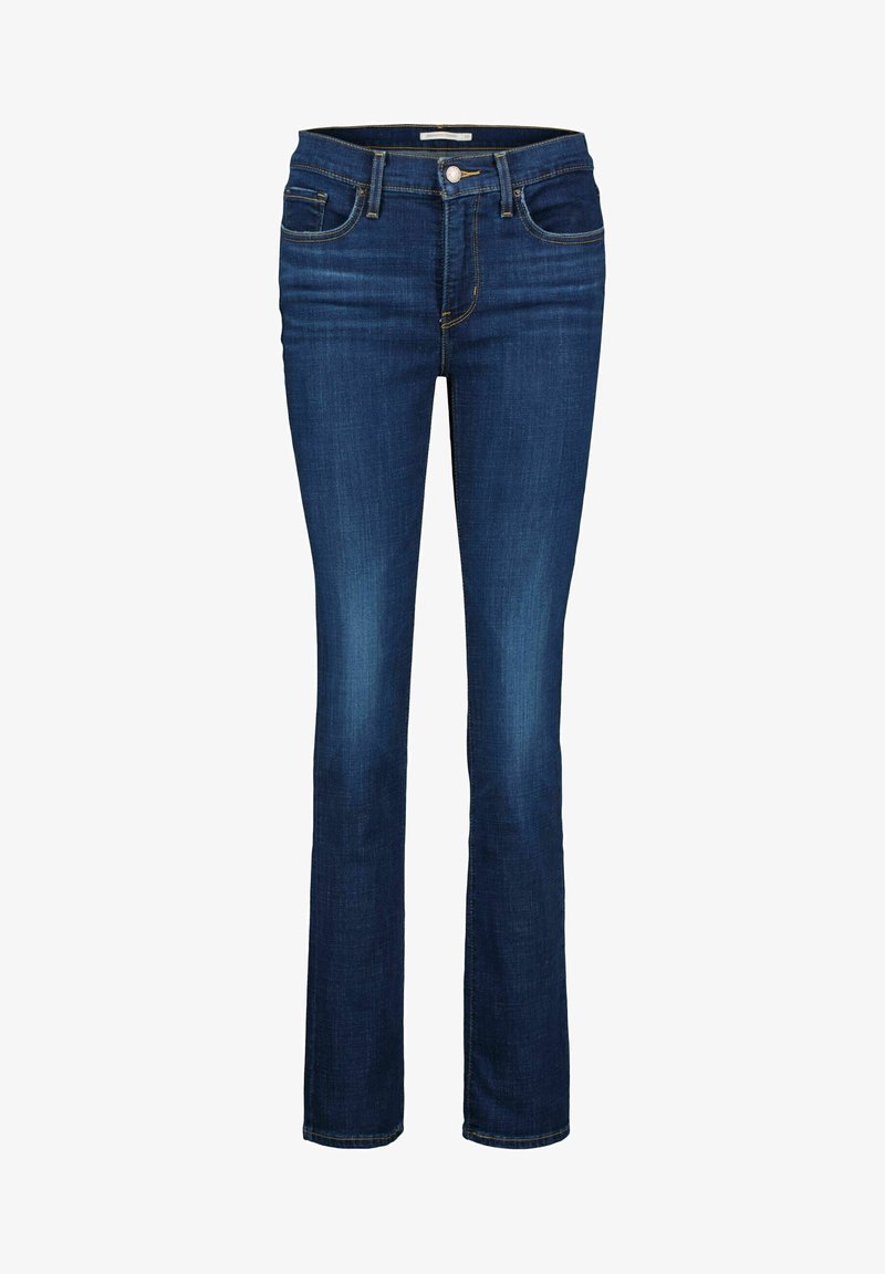 Jean en denim bleu foncé avec une coupe droite, cinq poches et des accents de couture dorée sur les coutures et les poches. Fermeture classique à bouton.