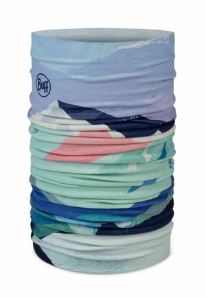 Braga tubular multicolor con patrones abstractos en tonos pastel y azul y el logo de Buff en azul oscuro sobre un fondo azul claro.