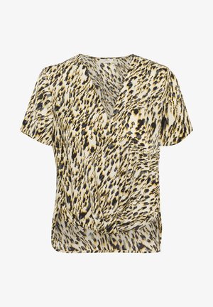 Lühikeste varrukatega pluus kergesti ja sujuvalt langevast kangast, millel on kollane, must ja valge leopardimuster, sügava V-kaeluse ja keerutatud esiotsaga.