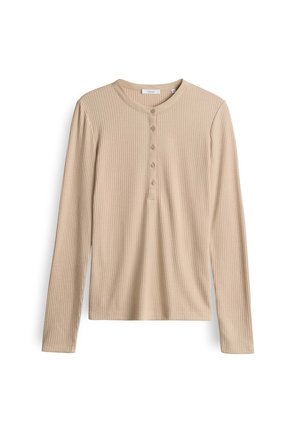 Beige ribbed long-sleeve Henley shirt with five buttons and a round neckline, laid flat on a white background.