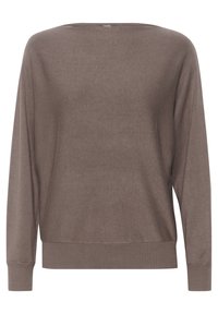 Maglione marrone a maniche lunghe realizzato in un tessuto morbido. Presenta un ampio scollo, polsini e orlo a coste per un fit casual.