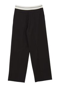 Pantaloni neri a gamba larga con cintura bianca, caratterizzati da una texture liscia, tasche laterali e linee pulite.