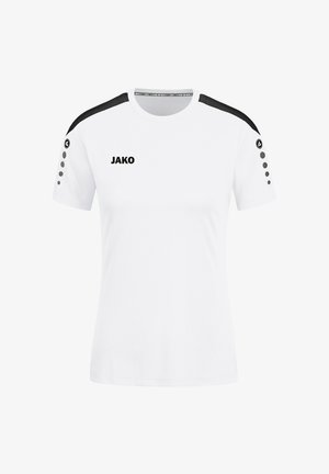 Witte sport t-shirt met korte mouwen, voorzien van zwarte accenten op de schouders en de mouwranden, met ronde zwarte details en een logo.