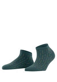 Chaussettes cheville vert foncé avec un motif texturé et des pointillés multicolores, un bord côtelé et une finition lisse. Matériau doux pour le confort.