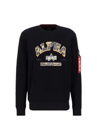 Felpa nera realizzata in tessuto morbido con grafica "ALPHA INDUSTRIES" sul davanti, tasca con zip laterale e polsini e orlo a coste.