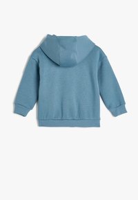 Sudadera azul con capucha, hecha de una tela suave, con puños y dobladillo acanalados. Textura suave, diseño simple, sin logotipos ni patrones visibles.
