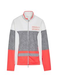 Witte sportjacket met grijze paisleypatroonpanelen, helderrode onderste delen en een rits aan de voorkant. "PRIVACY SPORTS" in gestippelde letters.