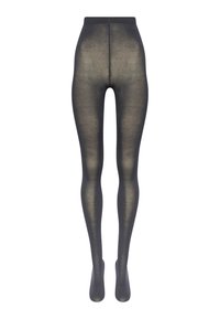 Collant neri, opachi, con una texture liscia e design a vita alta. Presentano gambe a calza e nessuna cucitura visibile sul retro.