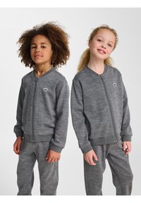 Grå zip-up sweatshirt med ribbad mudd och midja, med en liten logotyp på bröstet, bärs av två barn med olika frisyrer.