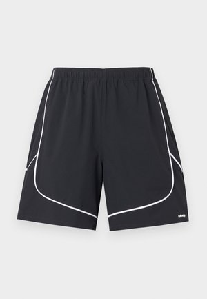 Juodi sportiniai šortai su balta lenkta linija šonuose, elastine liemene ir mažu logotipu dešinės kojos apačioje.
