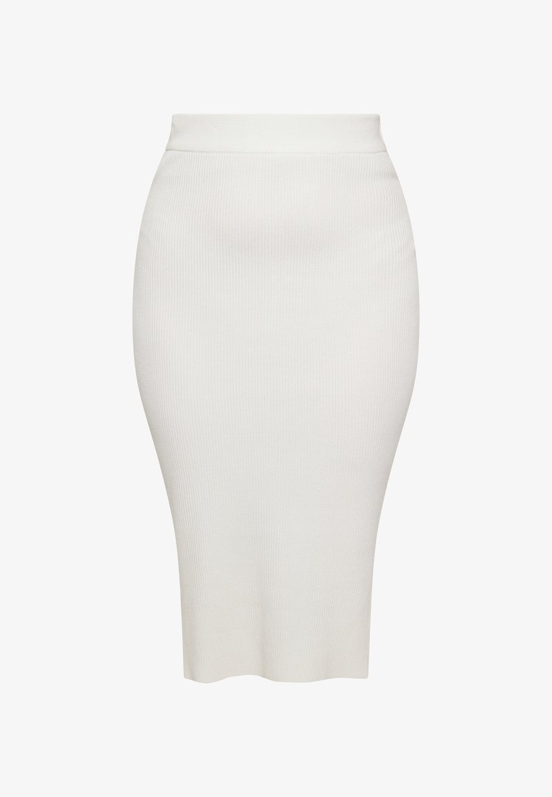 Jupe crayon blanche en tricot avec une taille haute, texture lisse et une silhouette ajustée, arrivant au genou.