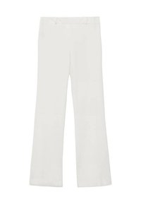 Pantaloni bianchi a gamba larga realizzati in tessuto leggero, caratterizzati da una texture liscia e senza motivi o accessori visibili.