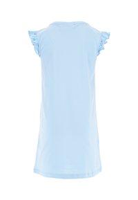 Jasnoniebieska sukienka z krótkim rękawem i falbanastymi rękawami, wykonana z miękkiej bawełny, z okrągłym dekoltem i prostym dołem.