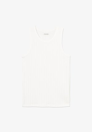 White ribbed tank top with a round neckline and sleeveless design. Smooth texture with subtle line pattern; finished hem at the bottom.