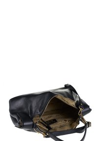 Borsa a tracolla in pelle nera con zip e accessori dorati, aperta per rivelare l'interno foderato in beige con un motivo ripetuto di testo "Pierre Cardin".