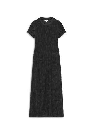 Black dress featuring short sleeves and a textured wave pattern, with a crew neckline and a long, straight silhouette.