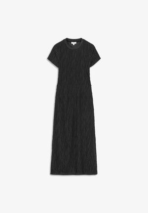 Black dress featuring short sleeves and a textured wave pattern, with a crew neckline and a long, straight silhouette.