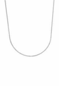 Collana in argento con un design testurizzato caratterizzato da anelli intrecciati, superficie liscia e forma rotonda classica.