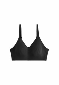 Mustmust mustrik, millel on sile kangas, kolmnurgakujulised topsid, lai aluspink ja reguleeritavad rihmad. Minimalistlik disain ilma kaunistusteta.