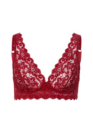 Bralette in pizzo rosso con motivi floreali, bordi scallop e spalline regolabili. La trasparenza del tessuto valorizza il design.