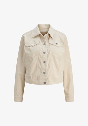 Lichtbeige corduroy cropped jack met twee borstzakken, zilverkleurige knopen en een puntkraag. Heeft een gestructureerde afwerking.