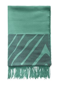Écharpe turquoise avec une moitié supérieure texturée et une moitié inférieure à motifs, comportant des rayures en zigzag. Finie par des franges le long du bord.