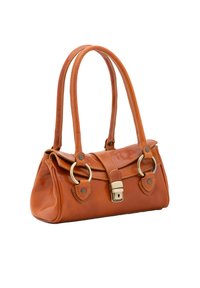 Borsa a mano in pelle marrone con due manici, dettagli in metallo dorato, chiusura a scatto e una texture liscia e lucida. Presenta una forma strutturata.