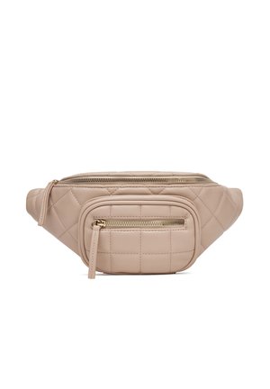 Beige gesteppte Leder-Bauchtasche mit zwei Reißverschlussfächern und goldfarbenen Reißverschlussbeschlägen.