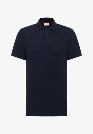 Navy blue short-sleeve polo shirt with two-button placket, collar, and small embroidered horse logo on left chest.