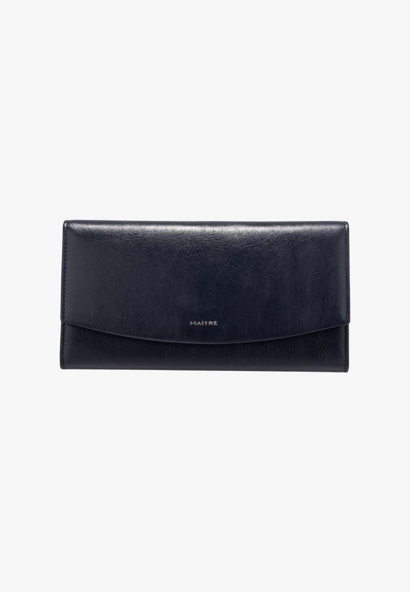Cartera de cuero azul marino con textura suave, forma rectangular y solapa plegable. Presenta una marca sutil en dorado en el frente.