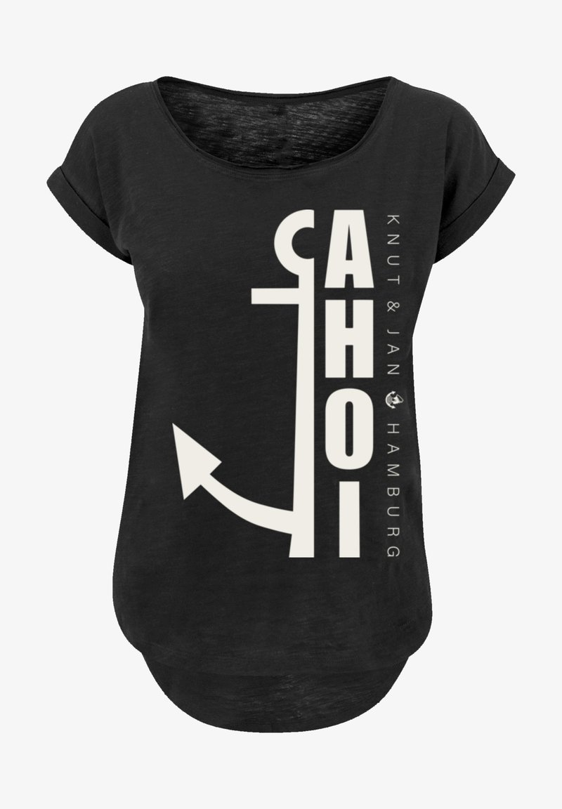 Schwarzes T-Shirt mit kurzen Ärmeln und lockerer Passform. Mit weißem Grafiktext "AHOI" und einem Ankerdesign, darunter "Knut & Jan Hamburg".
