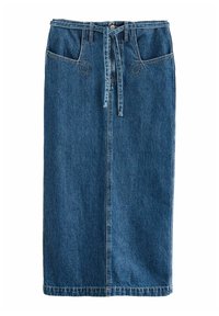 Sinine värv, keskmise pikkusega denimseelik, vöökohaga, ees olevate taskutega ja tugevdusõmbluste detailidega.