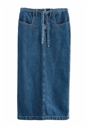 Sinine värv, keskmise pikkusega denimseelik, vöökohaga, ees olevate taskutega ja tugevdusõmbluste detailidega.