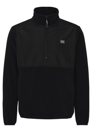 Black fleece pullover with a half-zip collar, contrasting upper panel, and small logo patch on the chest. Soft texture and relaxed fit.