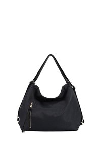 Borsa nera con superficie texture, forma curvata, doppi manici e una grande tasca frontale con zip. Sono visibili dettagli in metallo argentato.