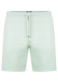 Shorts en coton vert clair avec une taille élastique, cordon de serrage ajustable et poches latérales. Texture lisse, design à mi-cuisse.
