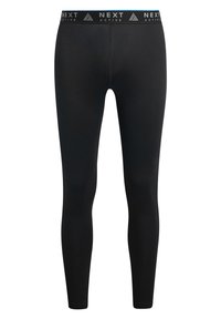 Sorte aktive leggings med en strækbar pasform. Har en bred talje med "NEXT ACTIVE" branding i hvid og en glat, mat tekstur.
