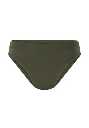 Olijfgroen bikini slip gemaakt van zachte, rekbare stof, met een naadloze tailleband en ronde beenopeningen voor comfort en pasvorm.