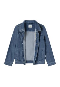 Blaue Jeansjacke mit klassischem Design, featuring eine Knopfverschlussfront, zwei Seitentaschen und einen spitzen Kragen. Das Innere ist ungefüttert.
