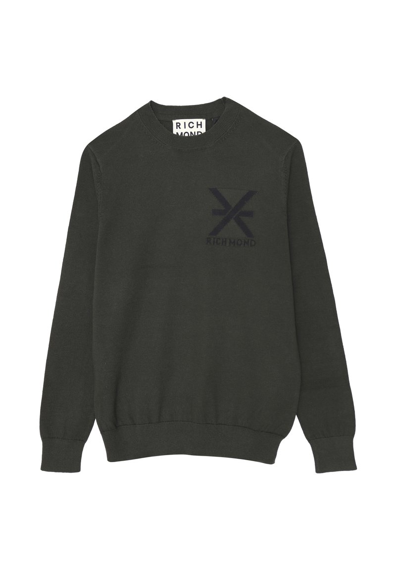 Maglione a maniche lunghe verde scuro con colletto a girocollo, con polsini e orlo a coste, caratterizzato da un logo e simbolo neri "Richmond" sul petto.