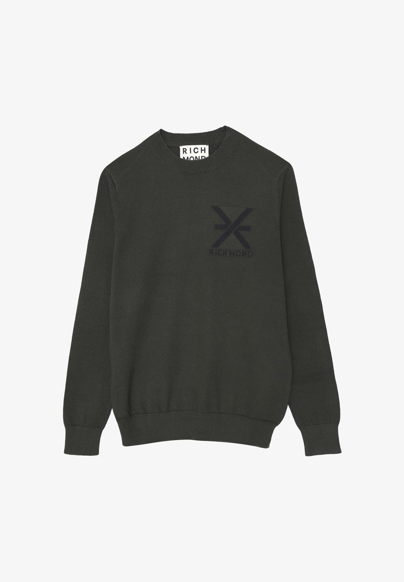 Maglione a maniche lunghe verde scuro con colletto a girocollo, con polsini e orlo a coste, caratterizzato da un logo e simbolo neri "Richmond" sul petto.