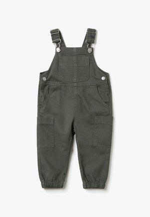 Dunkelgrüne Baumwoll-Latzhose mit verstellbaren Trägern, Druckknopf-Akzenten, vier Taschen und elastischen Bündchen an den Knöcheln.