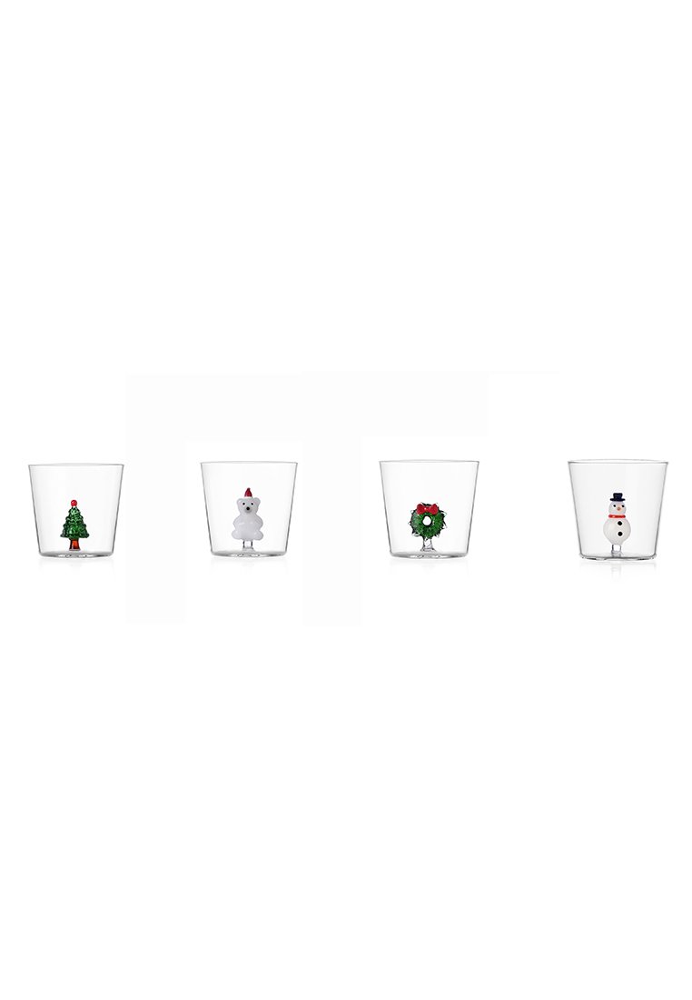 Set aus vier klaren Glasschalen, jede mit einer anderen saisonalen Dekoration: einem Weihnachtsbaum, einem Schneemann, einem Kranz und einem weiteren Schneemann.
