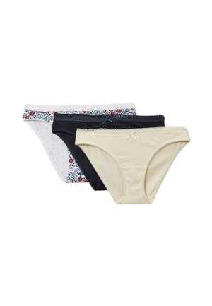 Trois culottes bikini pour femmes en beige, noir et blanc avec motif floral, chacune avec un petit nœud sur la ceinture.