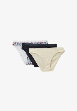 Trois culottes bikini pour femmes en beige, noir et blanc avec motif floral, chacune avec un petit nœud sur la ceinture.