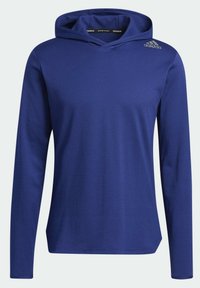 Sweat à capuche bleu manches longues avec logo Adidas sur l'épaule droite, tissu léger, sans poches ni fermetures visibles.