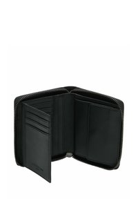 Czarny portfel ze skóry z zamkiem błyskawicznym, wyposażony w wiele miejsc na karty i gładką fakturę. Wnętrze zawiera przegrody do organizacji.