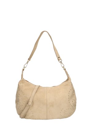 Beige suède schoudertas met gestikte cirkelvormige patronen, verstelbare riem en metalen sluitingen op een witte achtergrond.