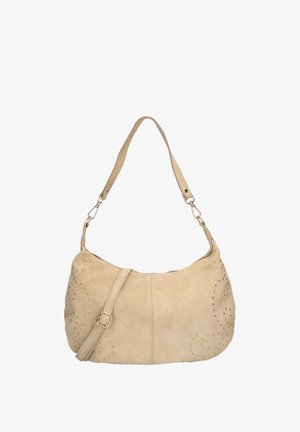 Sac à épaule en daim beige avec des motifs circulaires cloutés, une sangle réglable et des fermoirs métalliques sur un fond blanc.